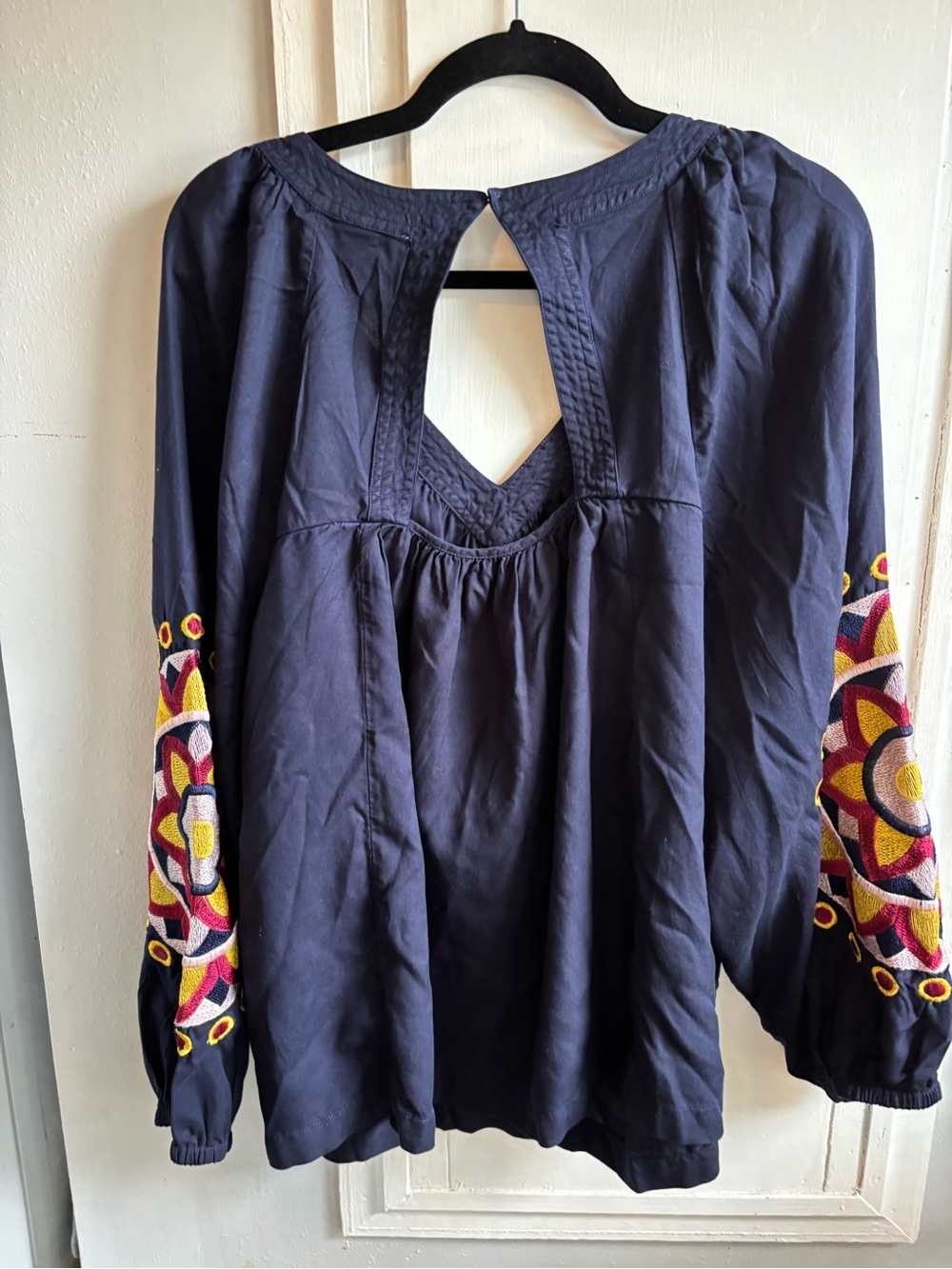 crown & ivy Navy V-Neck Tunic with Colorful Embroidered Sleeves - Picture 5 of 7